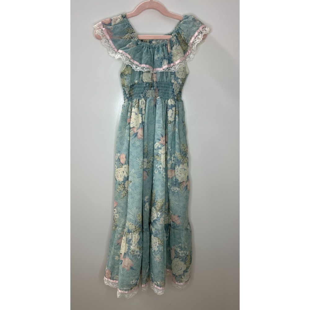 Vintage Cinderella Floral Maxi Dress Lace Smocked 6X Cottagecore Prairie USA - Picture 2 of 16